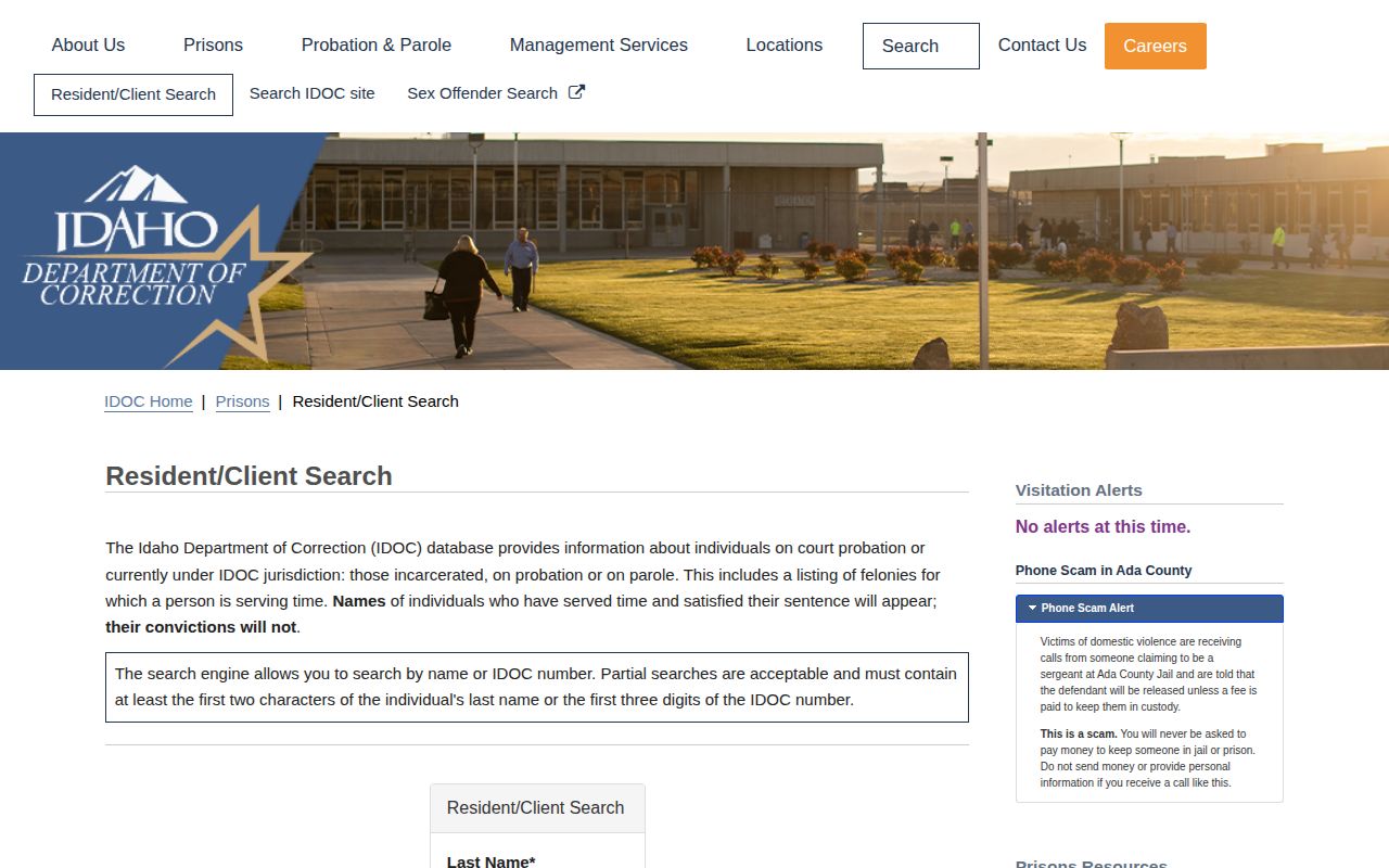 Idaho Department of Correction offender search for state custody records