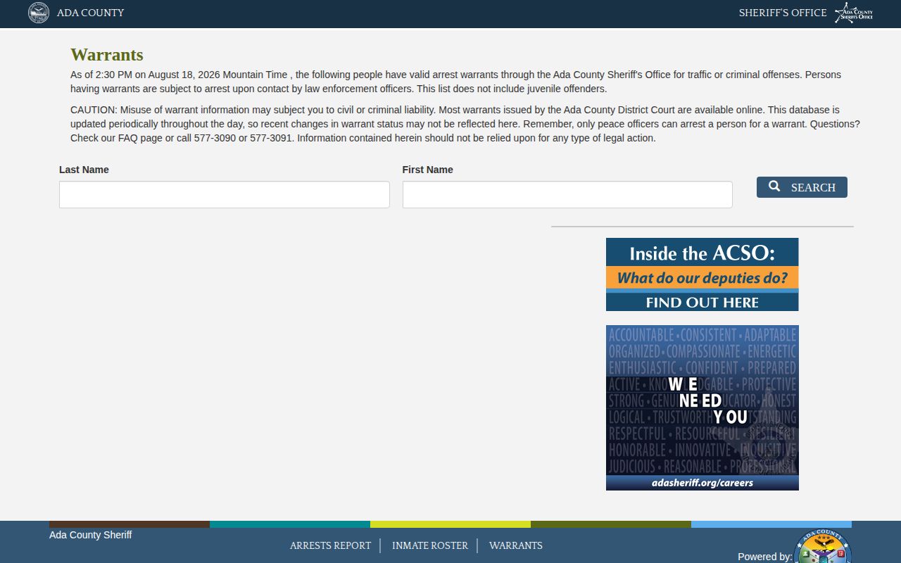 Ada County warrant record search interface